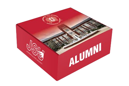 A box of alumni memorabilia curated by the campus bookstore