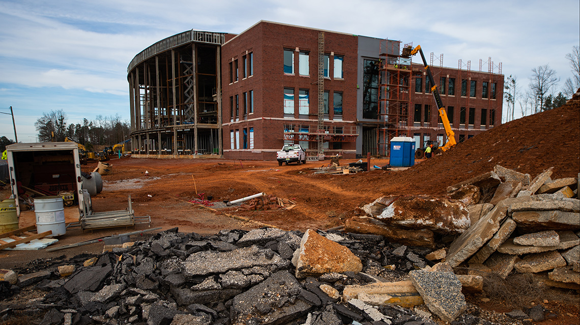 Construction on the front, viewed from the southwest corner