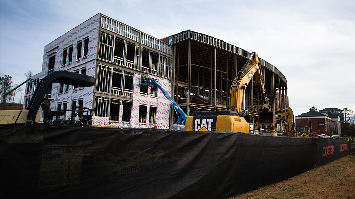 Sheathing work in progress on the front, viewed from northwest corner