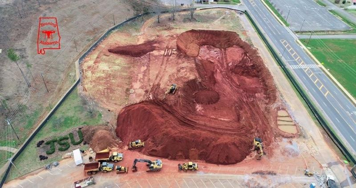 Drone image showing the aerial view of early excavation work