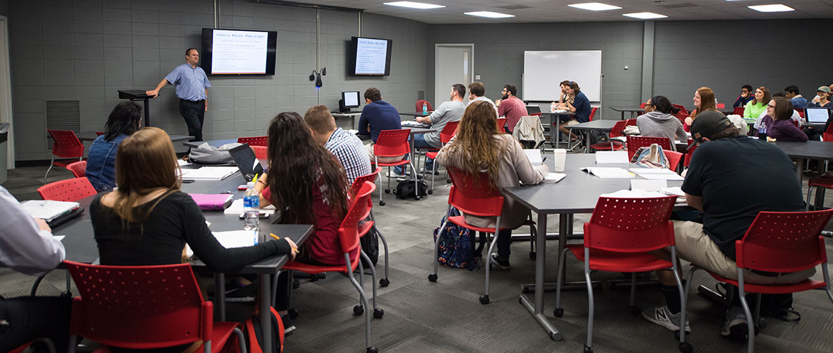 Management classroom with Dr. Mertens leading the class