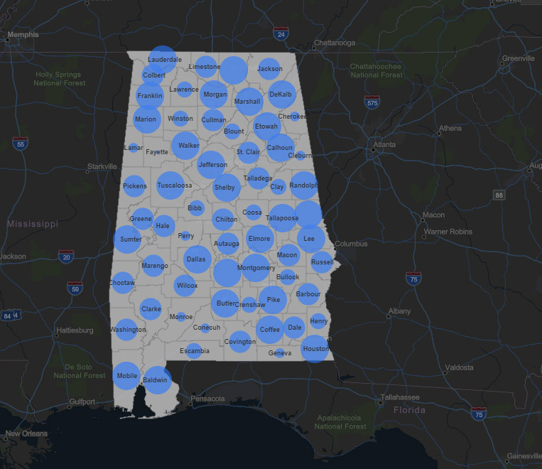 JSU live map of COVID-19 in Alabama
