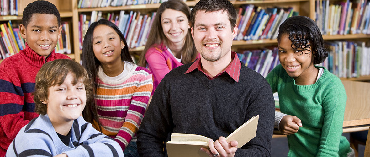 School librarian with school children