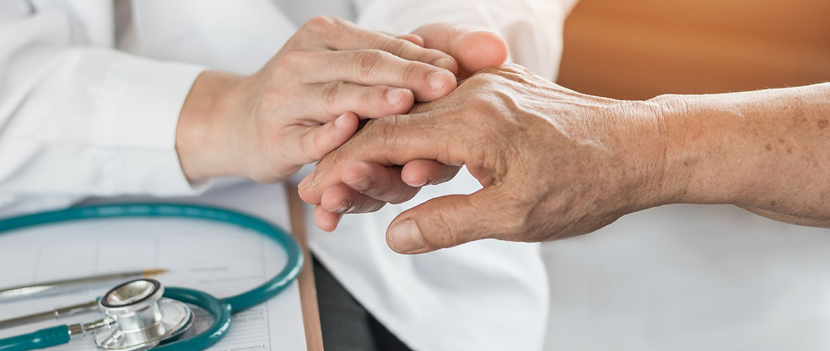 Elderly senior adult patient (older person) having geriatric doctor consulting and diagnostic examining on aging and mental health care in medical clinic office or hospital examination room