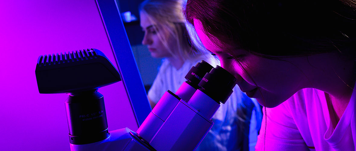 Biology students using microscopes