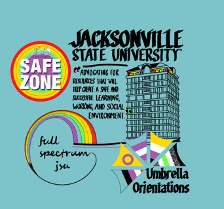 LGBTQ+ t-shirt design depicting the Houston Cole Library and logos for Safe Zone, Full Spectrum, and Umbrella Orientations