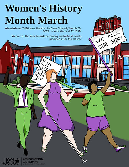 Flyer depicting diverse women marching with Women's History Month banners in front of the Angle Hall fountain