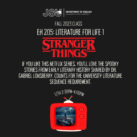 A flyer for EH 205, literature for life - A fall 2023 class that meets Tuesday and Thursdays from 2:30 - 4 pm