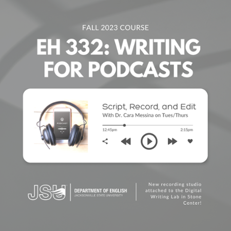 A flyer for EH 332, writing for podcasts. Script, record, and edit with Dr. Cara Messina on Tuesdays and Thursdays this fall.