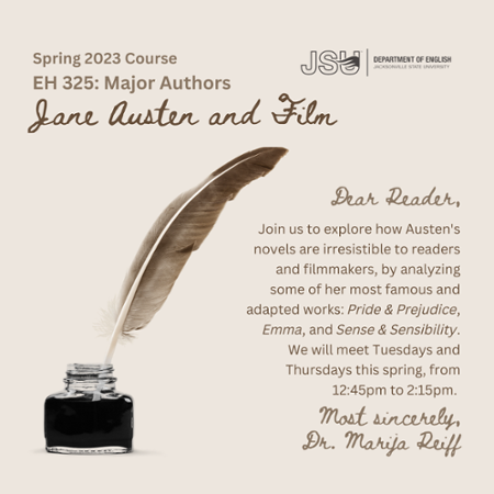 A flyer for EH 325, major authors featuring Jane Austen and film.