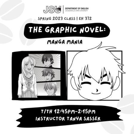 A flyer for EH 372, graphic novels manga mania.