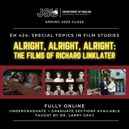 A flyer for EH 424, special topics in film on Richard Linklater.