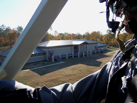 aerial view of Canyon Center entrance, framed by passenger in chopper