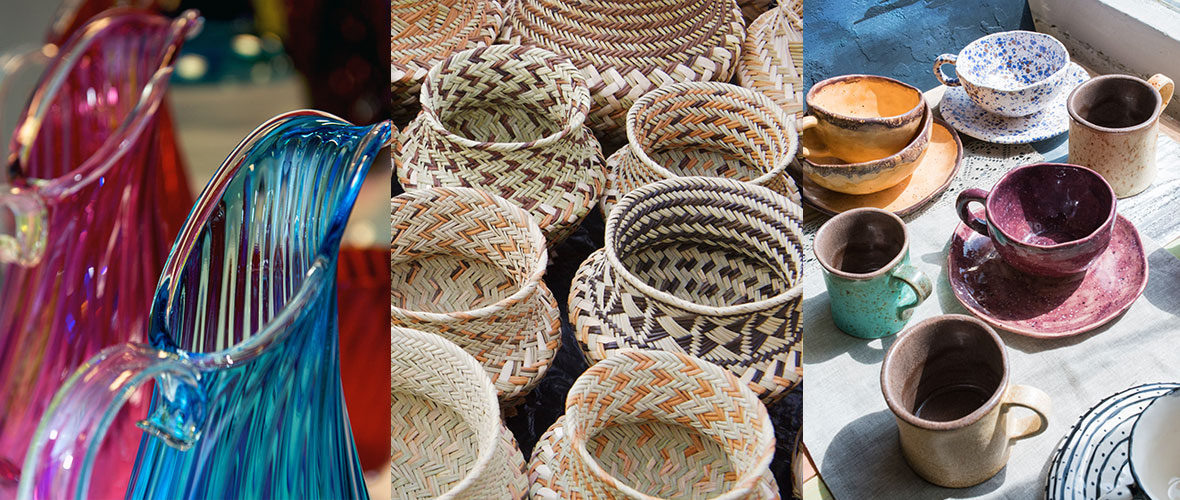 Blown glass, pine needle baskets, and colorful ceramic mugs