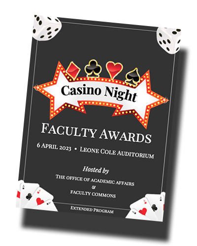 Cover of the Faculty Awards 2023 Program featuring dice and suits of cards