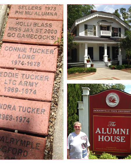 Connie Jane Tucker Long standing in front of the old Alumni House and the brick sidewalk