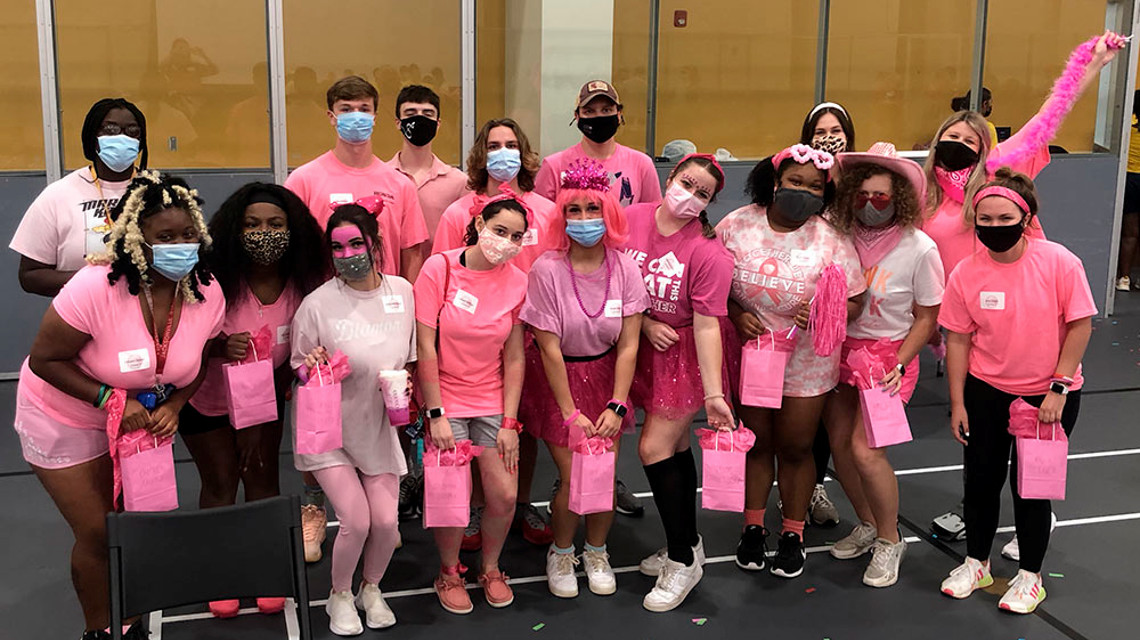 Freshman Forum members dressed in pink for breast cancer awareness