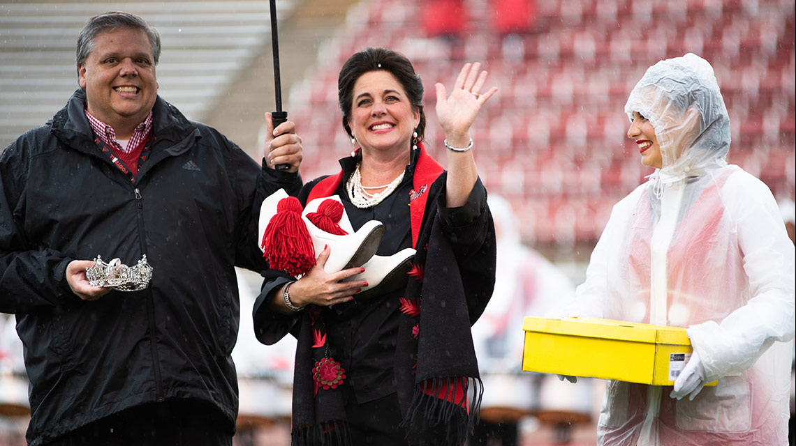 JSU Athletic Director Greg Seitz and a Marching Ballerina present Miss America and JSU Alumna Heather Whitestone McCallum with her very own pair of ballerina boots during homecoming halftime festivities