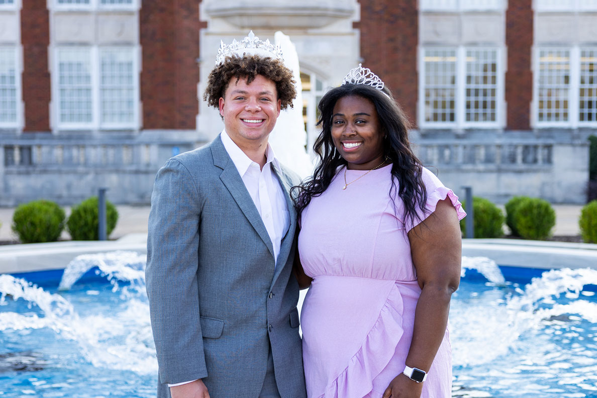 Mikah Morris and Ashanthe Gathers, JSU's 2023 Homecoming King and Queen, in front of the Angle Hall fountain shortly after being crowned.