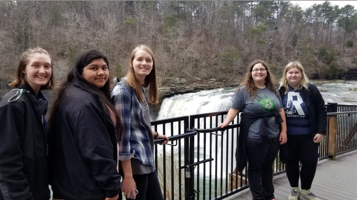 Students stand on the overlook at Little River Canyon Falls.