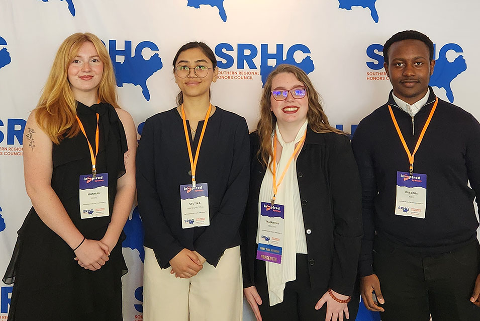 Honors students at the 2026 SRHC Conference in Montgomery, AL. Left to right: Hannah White (Psychology), Stutika Thapa Shrestha (Biology - Cellular and Molecular Biology), Samantha Trivette (Forensic Investigation & Chemistry), and Wisdom Ricu (Nursing).