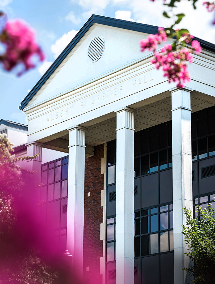 the entrance to Brewer Hall is flanked by vivid fucshia crape myrtle blooms