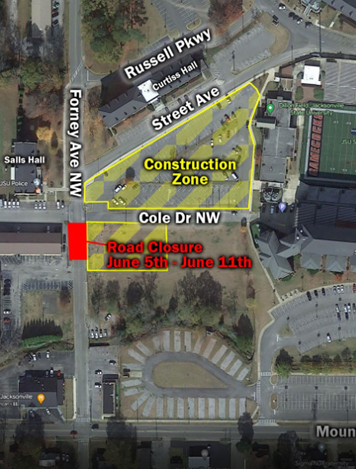 map of road closure area around JSU Stadium