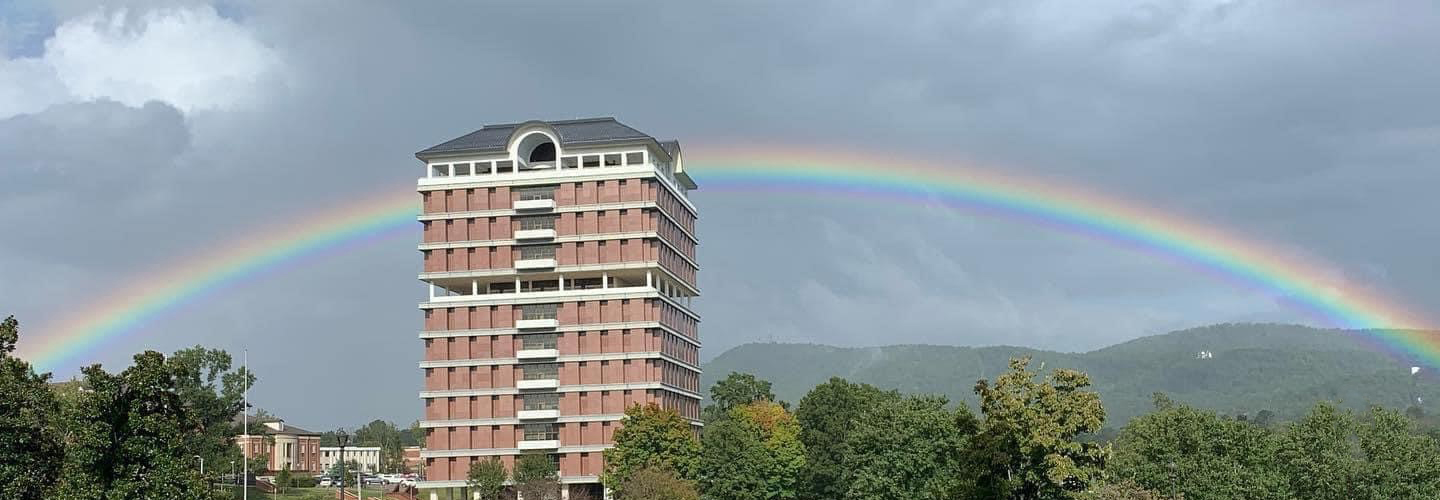 Library viewed from Angel Hall with a rainbow over it. Photo by Misty Ray.