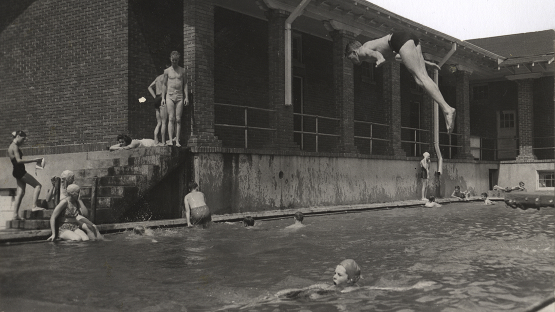 Students enjoy Kilby Hall swimming pool, circa 1935