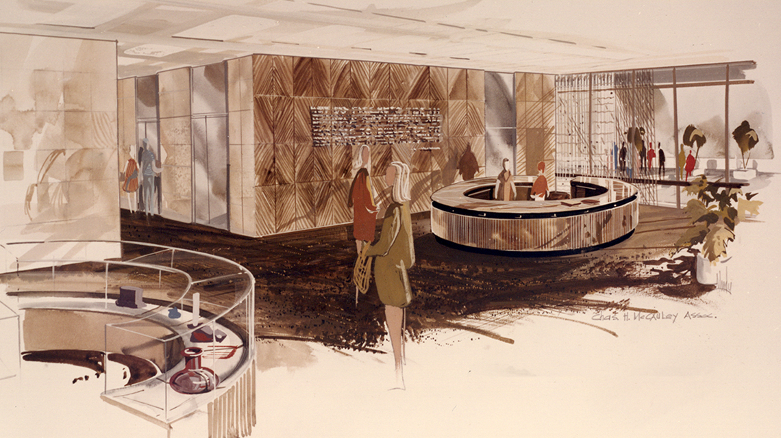 Rendering of the original lobby for the Houston Cole Library