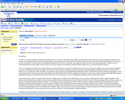screen capture of infotrac research page