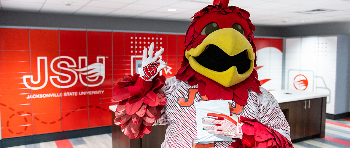 cocky saying "fear the beak" in the newly redesigned mail center