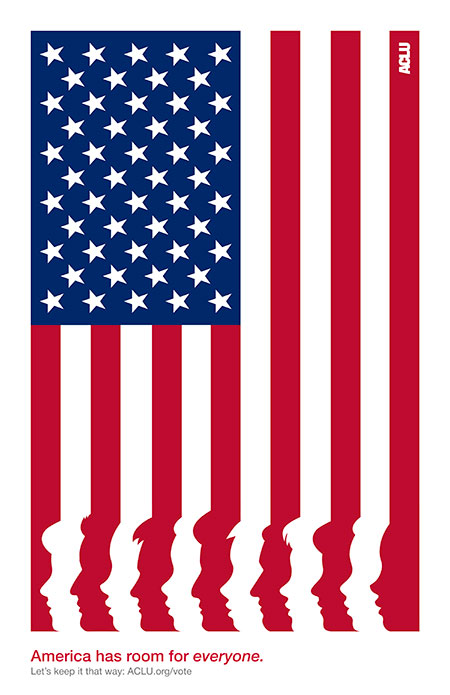 ACLU Poster depicting the American Flag, with each stripe ending in an upturned face. Poster by Conner Gayda