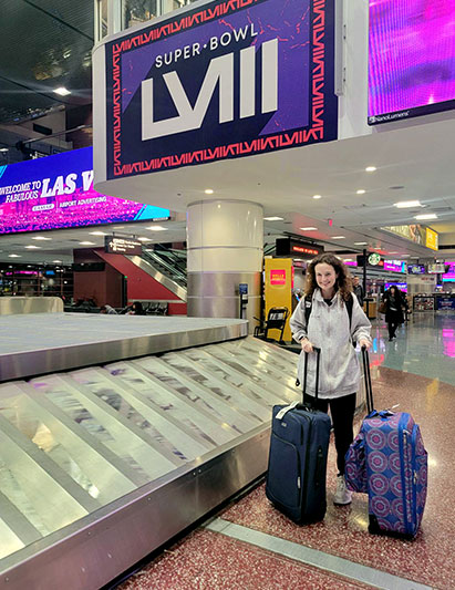 Mayo arrives at the airport in Vegas.