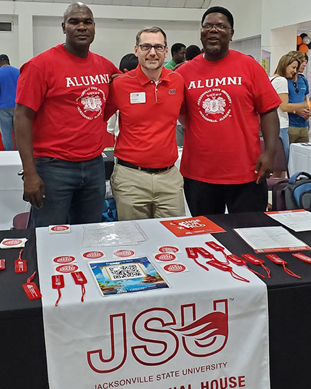Byron Nichols, assistant director of the International House and Programs, received a visit from Bahamian JSU alumni Quentin Percenti and Marvin Henfield at a recruitment fair in Nassau in September