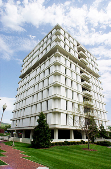 The Houston Cole Library with its original marble facade, which was replaced with red granite in 2001.