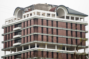 The damaged roof of the Houston Cole Library on the morning after the March 19 2020 tornado