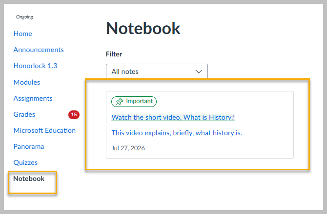 A pinned note appears on the Notebook page.