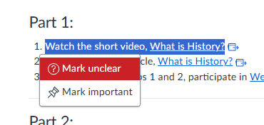 Blue highlighted white text with pop-up box that says Mark unclear or Mark important.