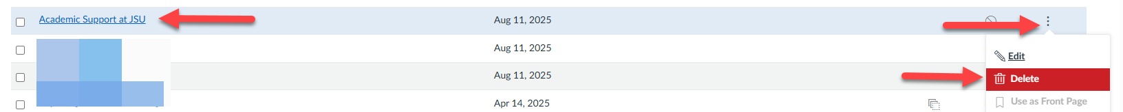 Find the Page, click on the ellipsis, then click on Delete