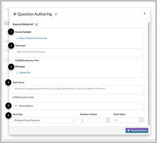 Question authoring interface with course content at 1, Text input at 2, File input at 3, Topic focus at 4, more options at 5, and Item type at 6.