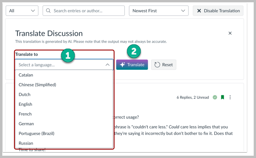Translate to box with eight languages and a blue Translate button.