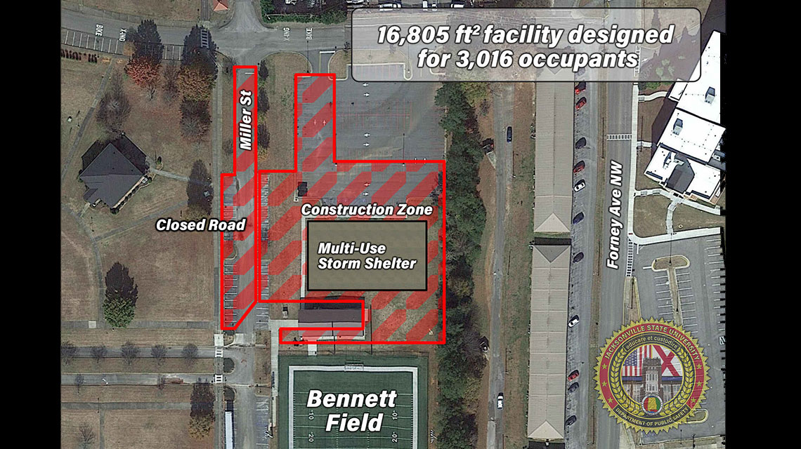 aerial photo marked with closed roads in area of multi-use storm shelter construction zone