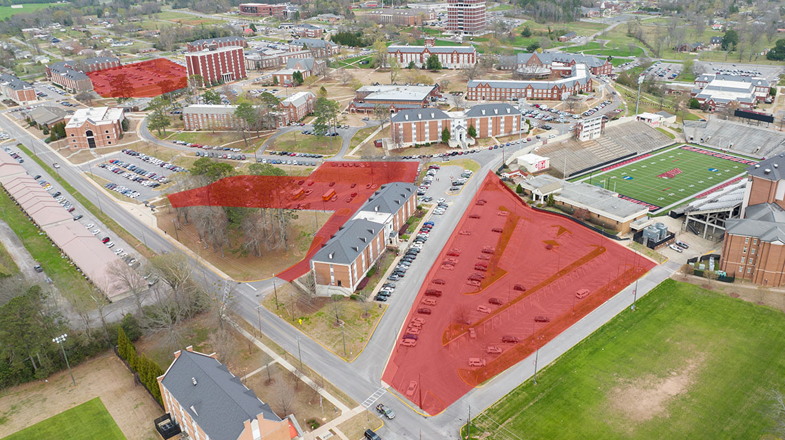 Aerial view of all affected parking areas near residence halls and the Football Field House.