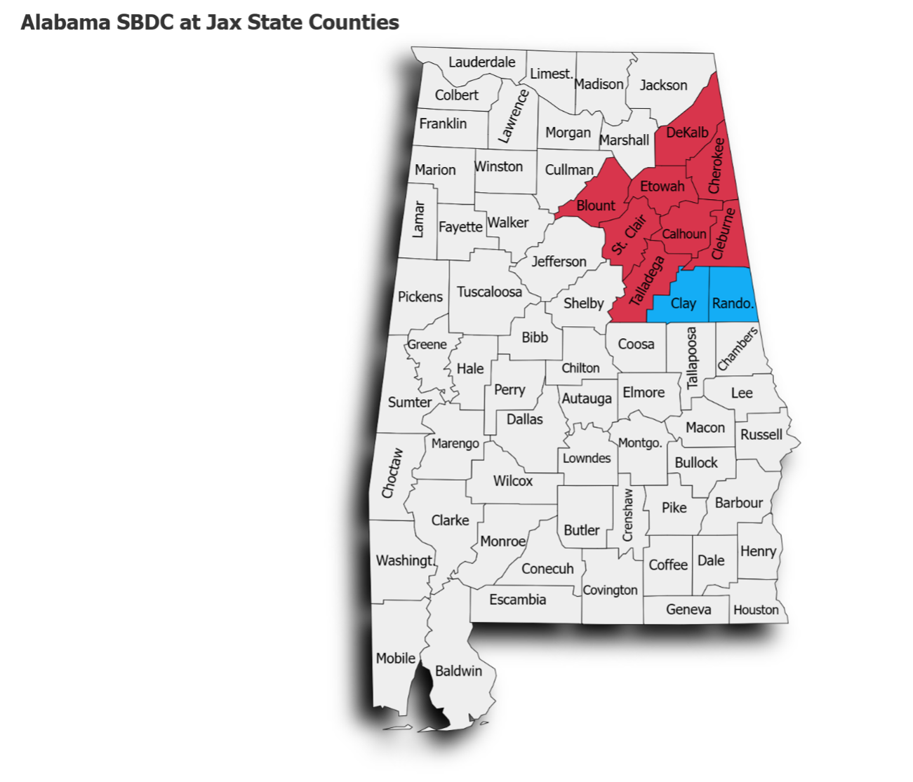 DeKalb, Cherokee, Etowah, Blount, St. clair, Calhoun, Cleburne, clay, and Randolph Counties
