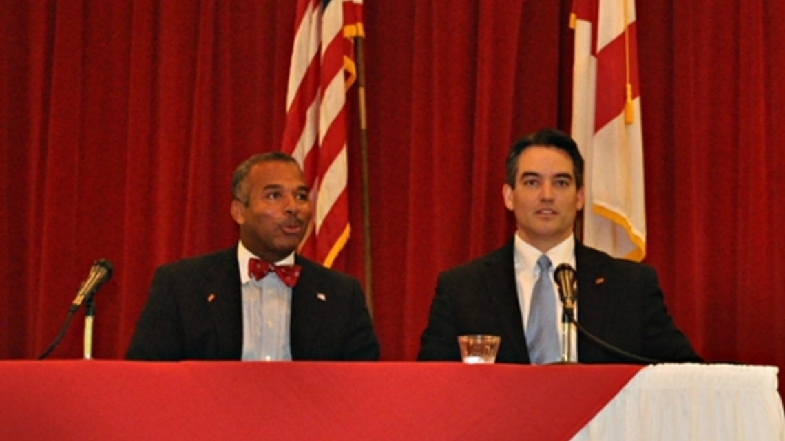 Marc Ayers and Bryan Fair sitting prior to their speaking at the 2012 Contitution Day Celebration