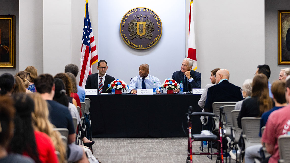 Free Speech Forum Panelists (seated left to right) Dr. Allen Linken, Professor Bryan Fair, and The Honorable Luther Strange respond to questions asked by Forum Moderators Dr. Lori Owens, Chair, JSU American Democracy Project Committee, and Mr. Thomas Rains, Executive Director, The Judge Frank Johnson Institute.