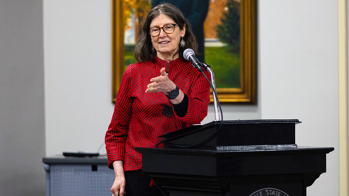 Ms. Debbie Long, Co-Chair of The Judge Frank M. Johnson, Jr. Institute board of directors gives remarks and expresses appreciation to the American Democracy Project at Jacksonville State University following the Free Speech Forum.