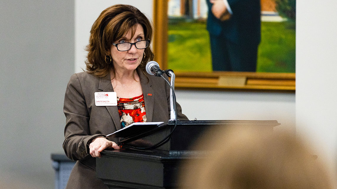 Jacksonville State University Provost and Senior Vice President of Academic Affairs Dr. Christie Shelton provides the audience an overview of the American Democracy Project and the Judge Frank Johnson Institute. 