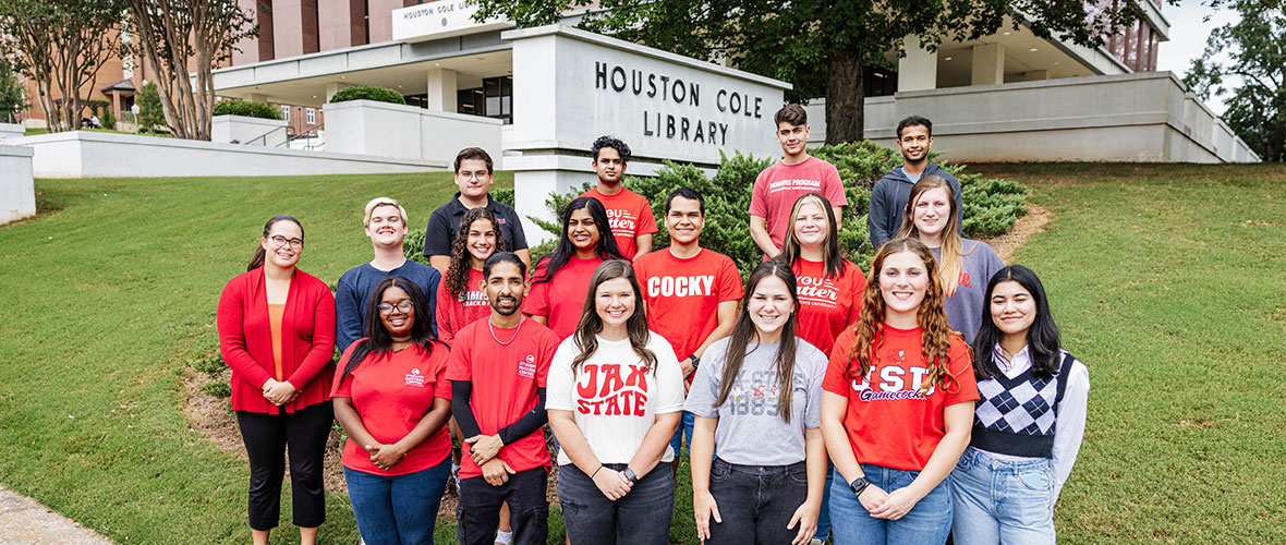 JSU tutors hang out in front of the Houston Cole Library, home to the Student Success Center.